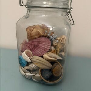 Handmade Decorative Seashell Jar with Pink and Blue Accents